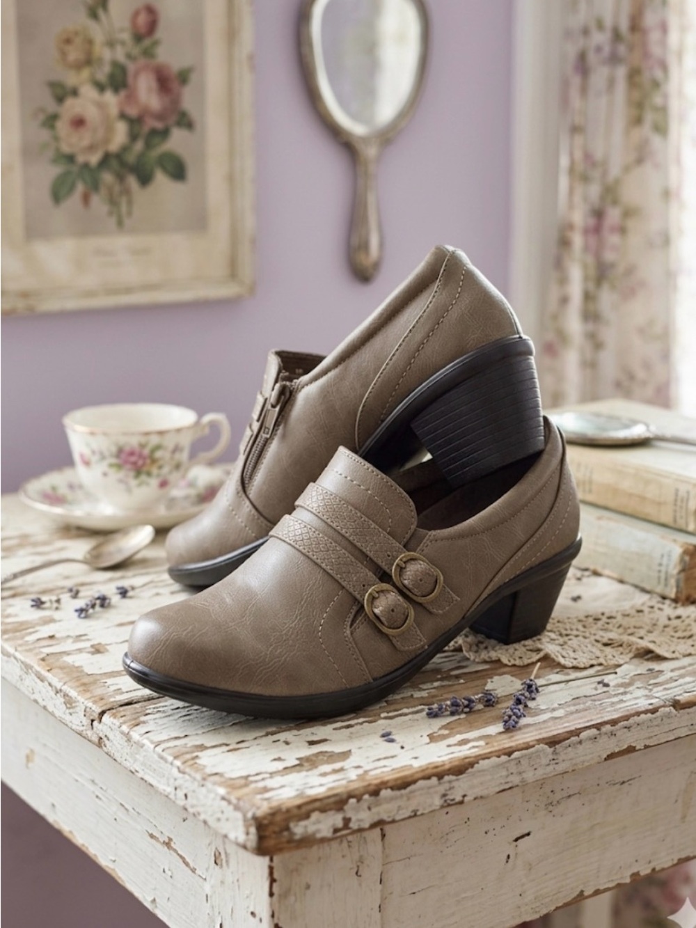easy street Taupe Slip-On Heeled Shoes with Double Buckles NWOT
